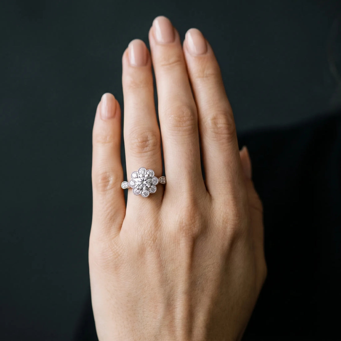 White gold Round Milgrain Halo Floral Diamond Ring with Split Shank and Four-Prong Setting_28