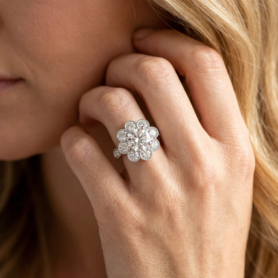 White gold Round Milgrain Halo Floral Diamond Ring with Split Shank and Four-Prong Setting