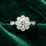 White gold Round Milgrain Halo Floral Diamond Ring with Split Shank and Four-Prong Setting_31