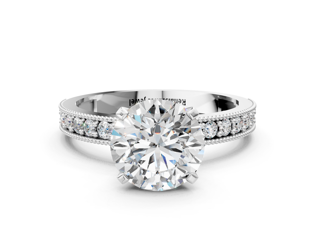 White gold Round Milgrain Pave Diamond Engagement Ring with Four-Prong Setting_89