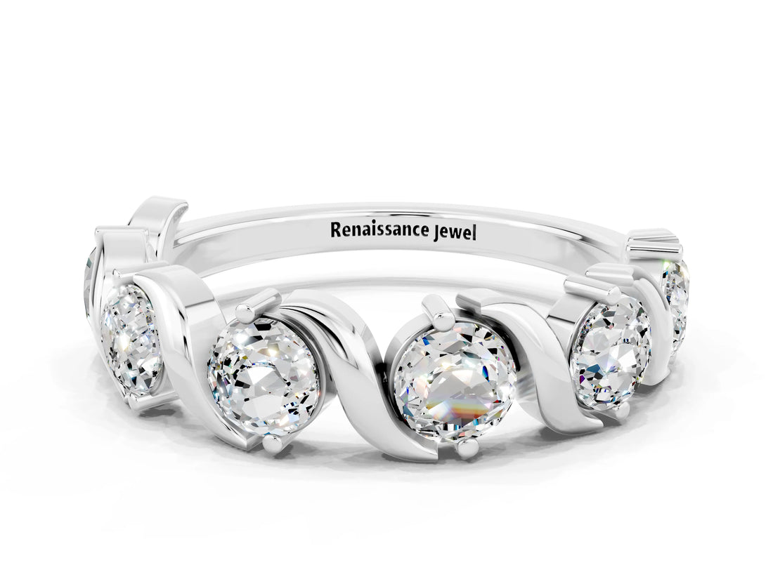 White gold Round Moissanite Half Eternity Band with Wave Prong Setting_6
