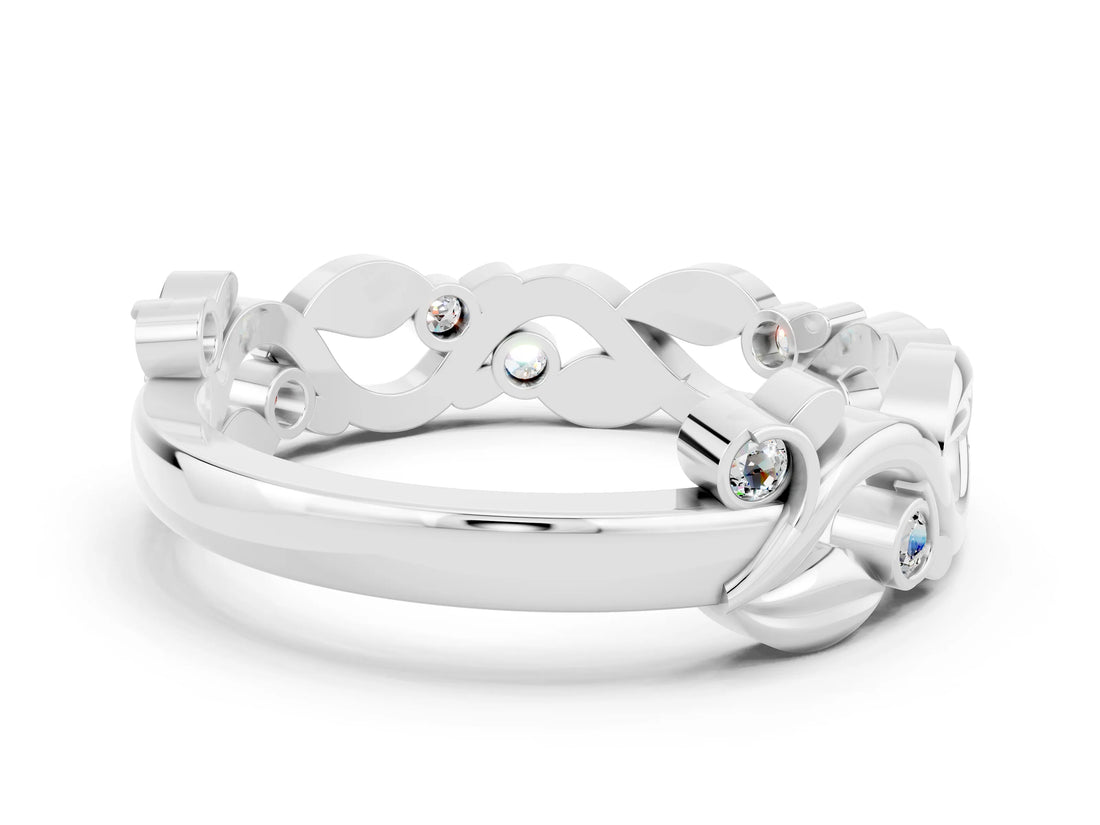 White gold Round Moissanite Leaf Eternity Band with Bezel Setting_78
