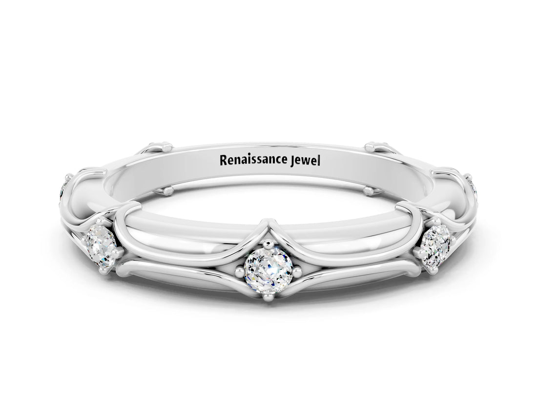 White gold Round Moissanite Prong Set Milgrain Eternity Band_18