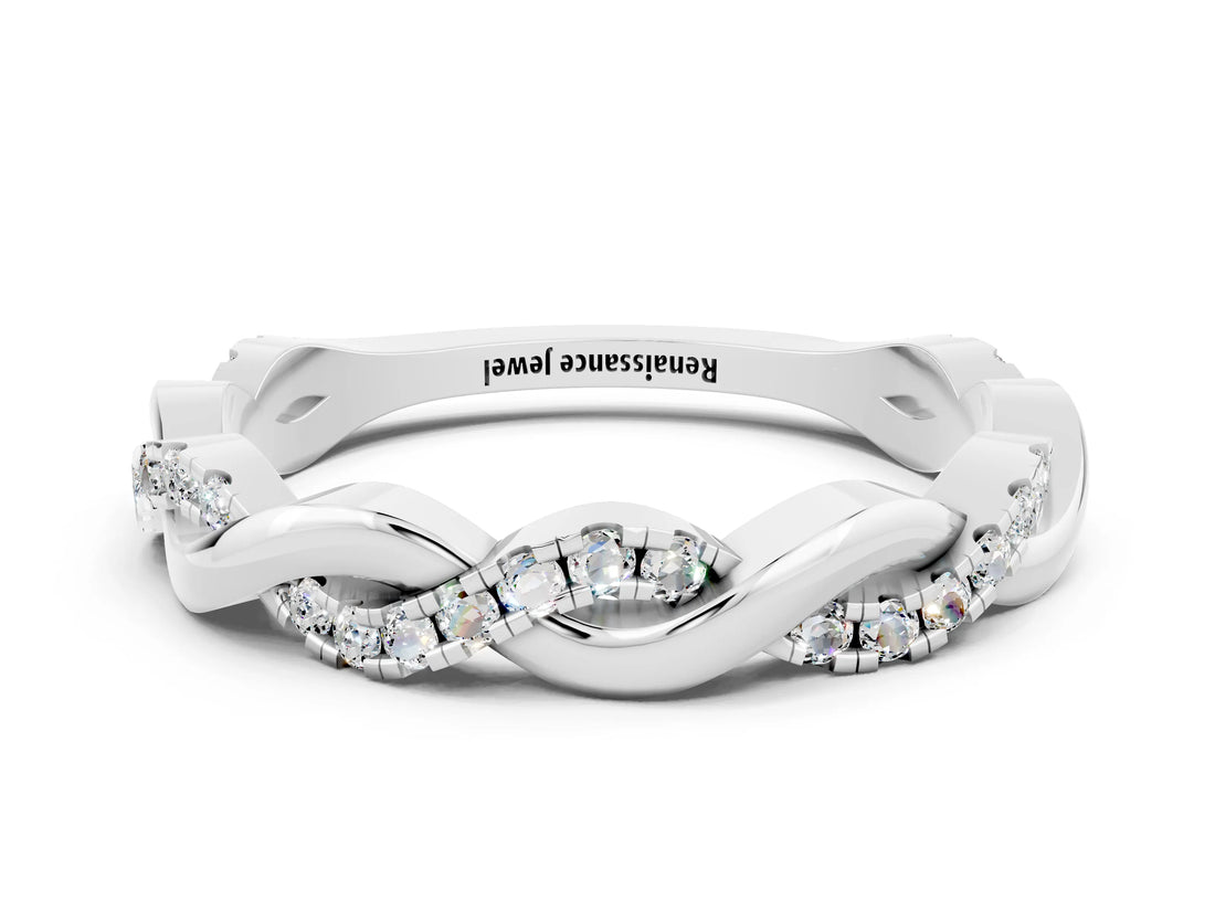 White gold Round Moissanite Twist Eternity Band with Pavé Setting_18