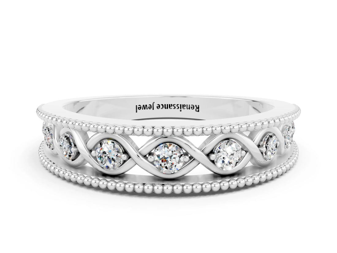 White gold Round Moissanite Twist Milgrain Band with Bezel Setting_12