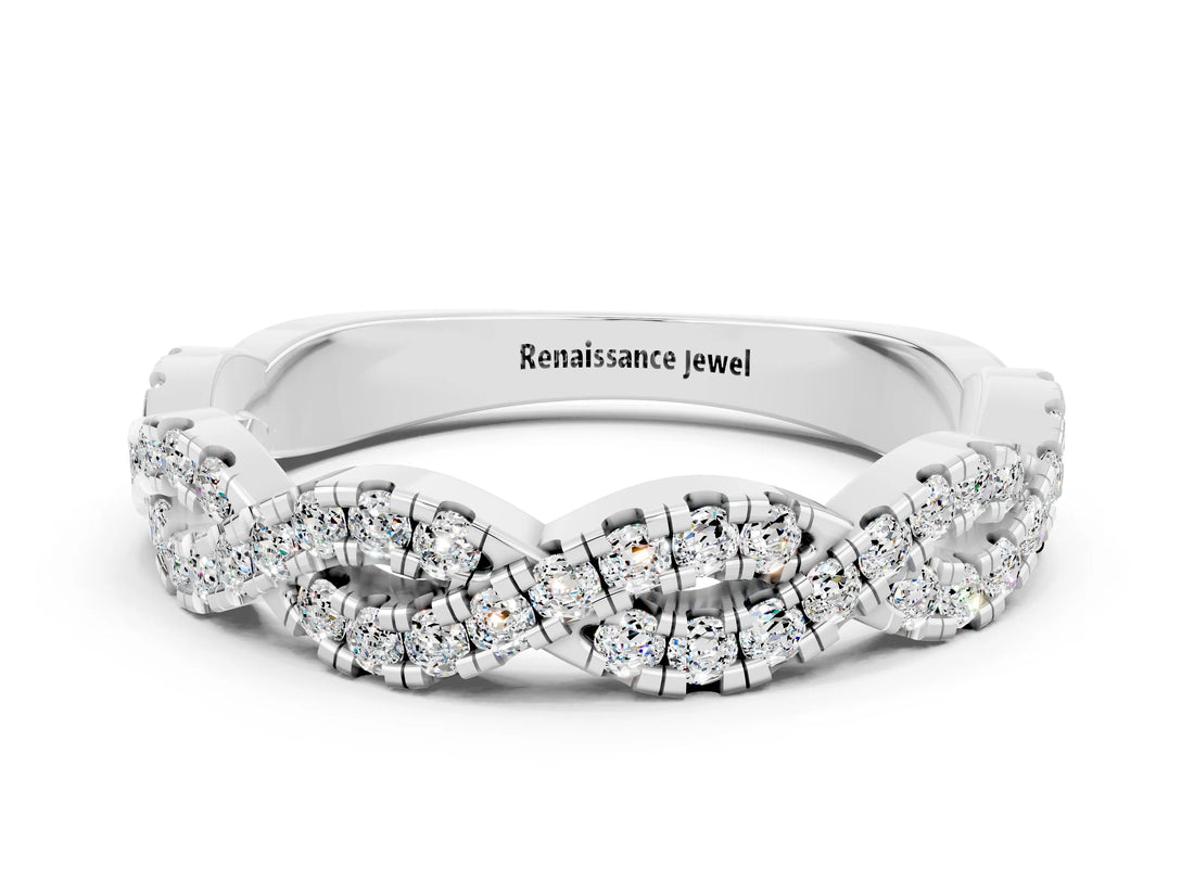 White gold Round Moissanite Twisted Eternity Band with Pavé and Shared Prong Setting_18