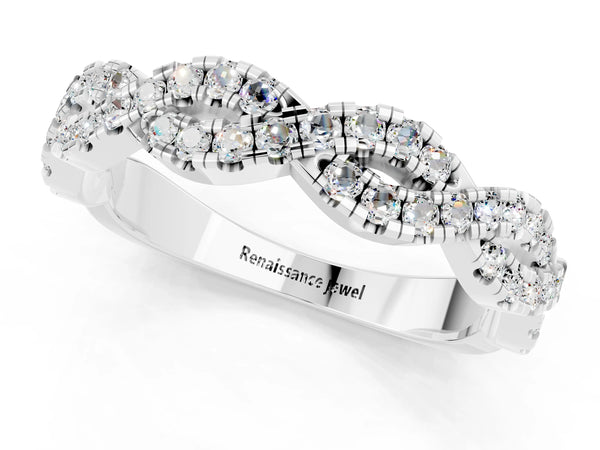 Platinum Round Moissanite Twisted Eternity Band with Pavé and Shared Prong Setting