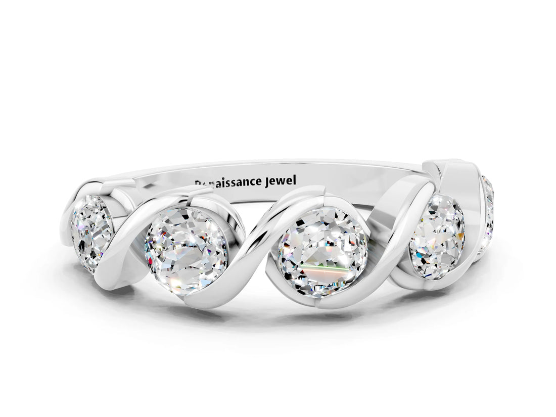 White gold Round Moissanite Wave Band with Channel Setting and Shared Prongs_6