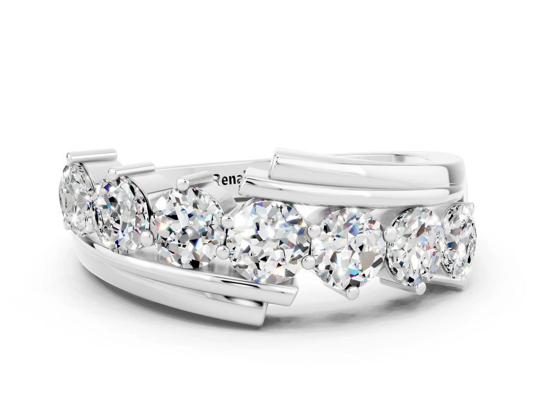 White gold Round Moissanite Wave Band with Channel and Shared Prong Setting_18