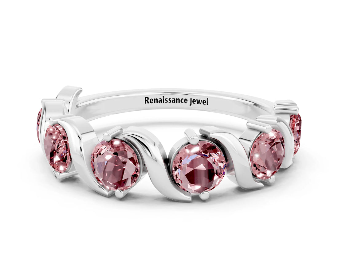 White gold Round Morganite Half Eternity Band with Wave Prong Setting_6