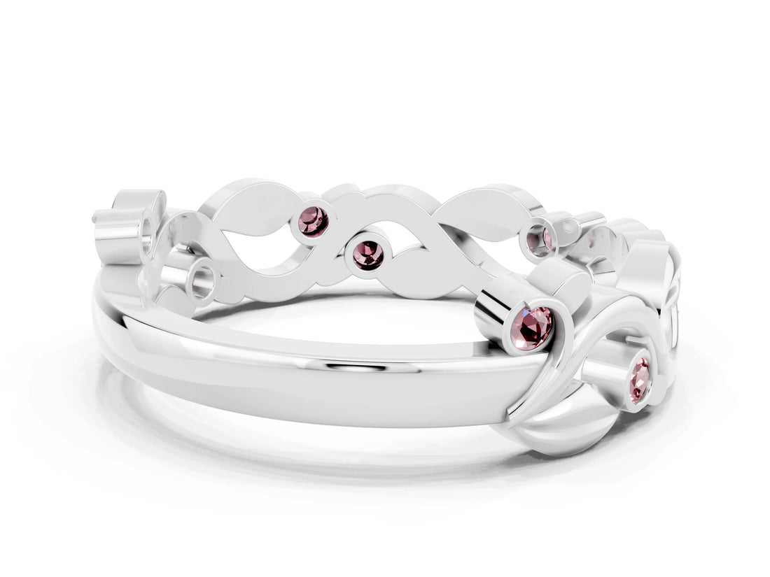 White gold Round Morganite Leaf Eternity Band with Bezel Setting_78
