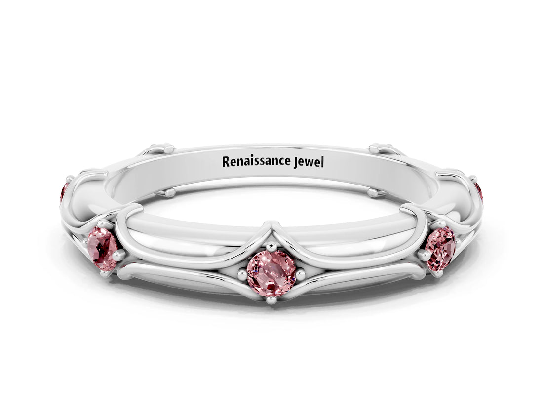 White gold Round Morganite Prong Set Milgrain Eternity Band_6