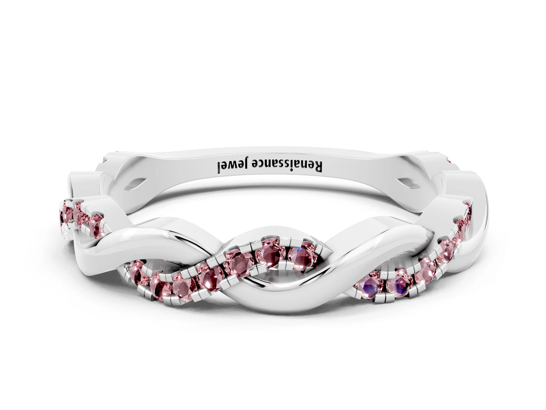 White gold Round Morganite Twist Eternity Band with Pavé Setting_6