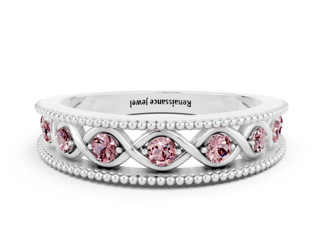 White gold Round Morganite Twist Milgrain Band with Bezel Setting_12