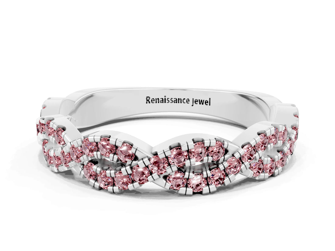 White gold Round Morganite Twisted Eternity Band with Pavé and Shared Prong Setting_30