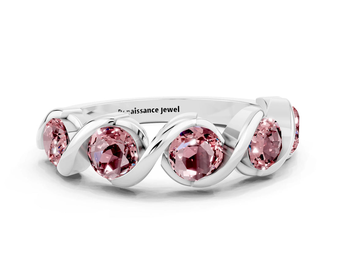 White gold Round Morganite Wave Band with Channel Setting and Shared Prongs_6