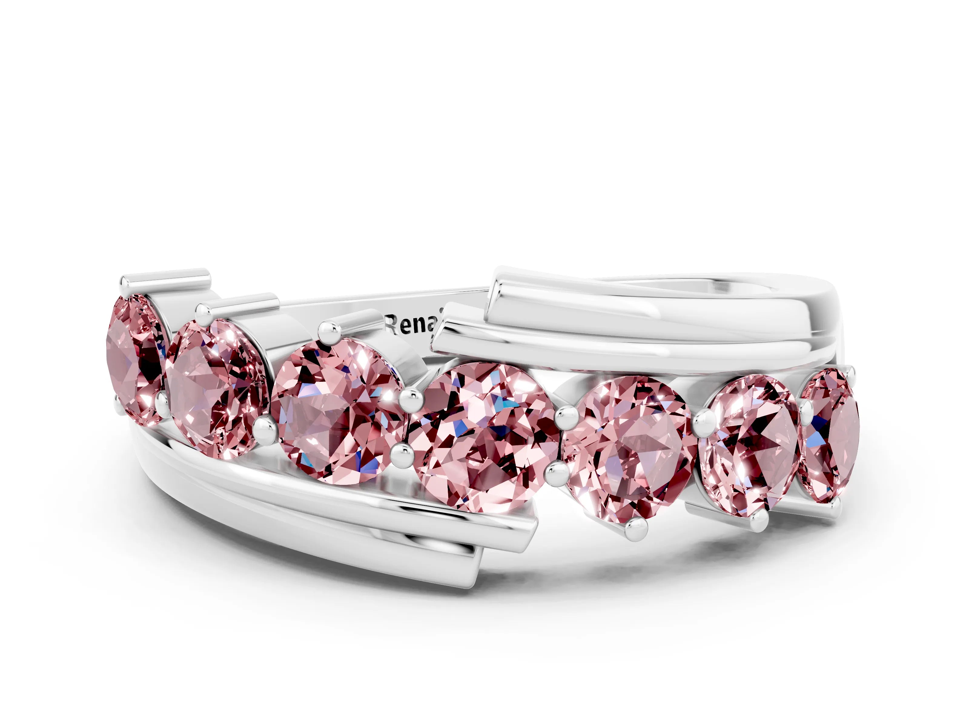 White gold Round Morganite Wave Band with Channel and Shared Prong Setting_18