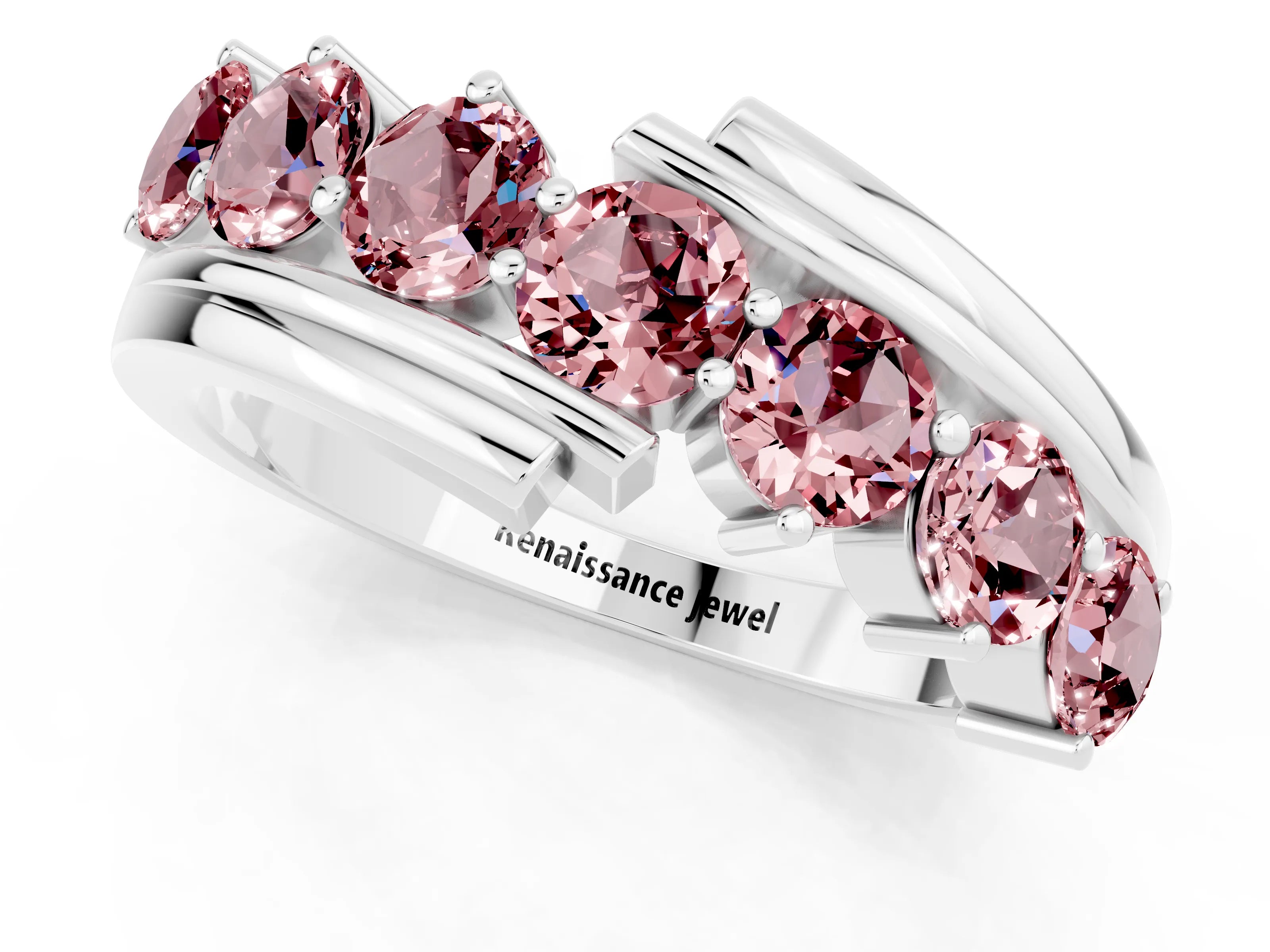 White gold Round Morganite Wave Band with Channel and Shared Prong Setting_19