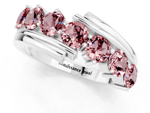 White gold Round Morganite Wave Band with Channel and Shared Prong Setting_19