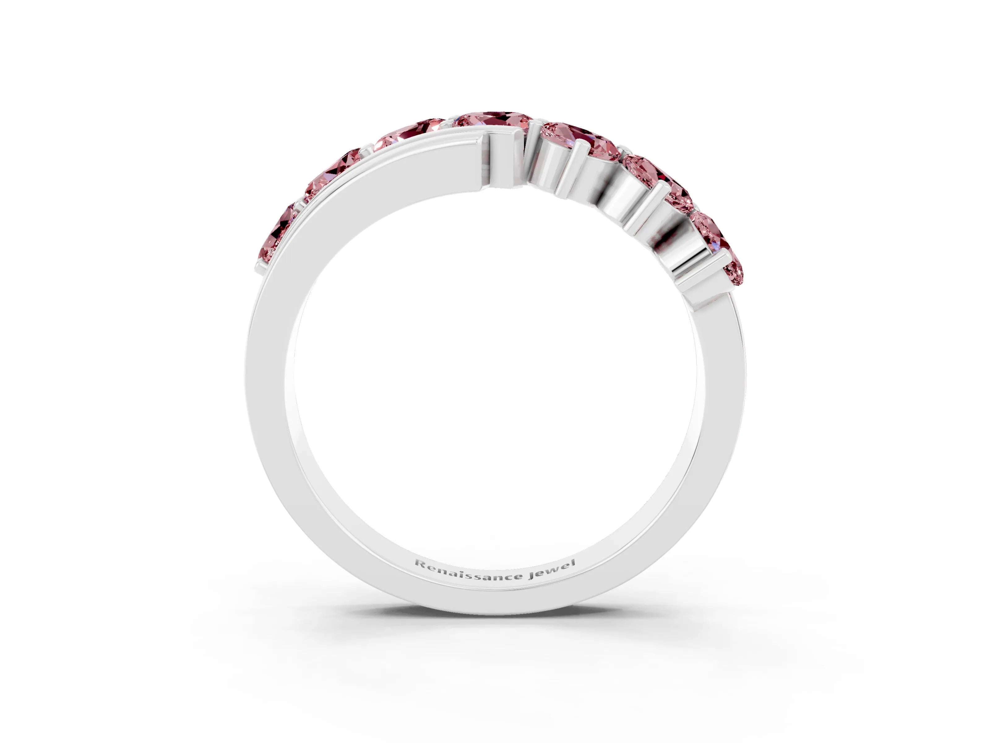 White gold Round Morganite Wave Band with Channel and Shared Prong Setting_21