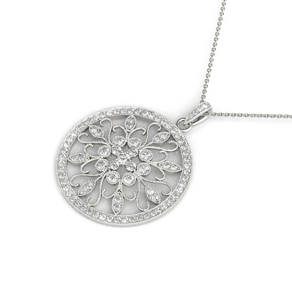 White gold Round Pavé Diamond Filigree Pendant 1
