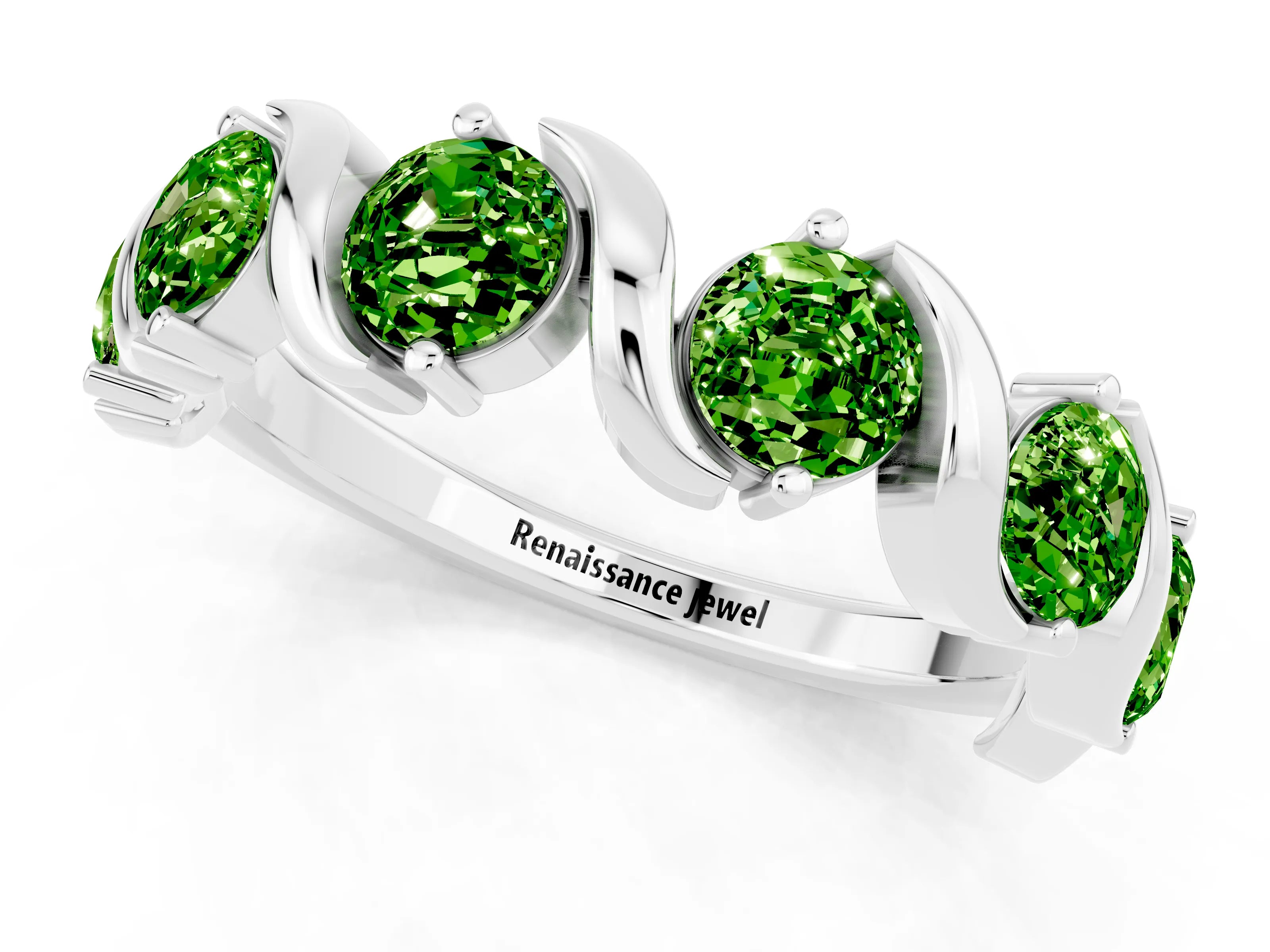White gold Round Peridot Half Eternity Band with Wave Prong Setting_7