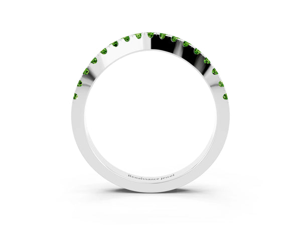 Platinum Round Peridot Pave Curved Wedding Band with Shared Prong Row