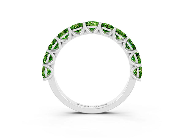 White Gold Round Peridot Half Eternity Band with Open U Shared Prongs