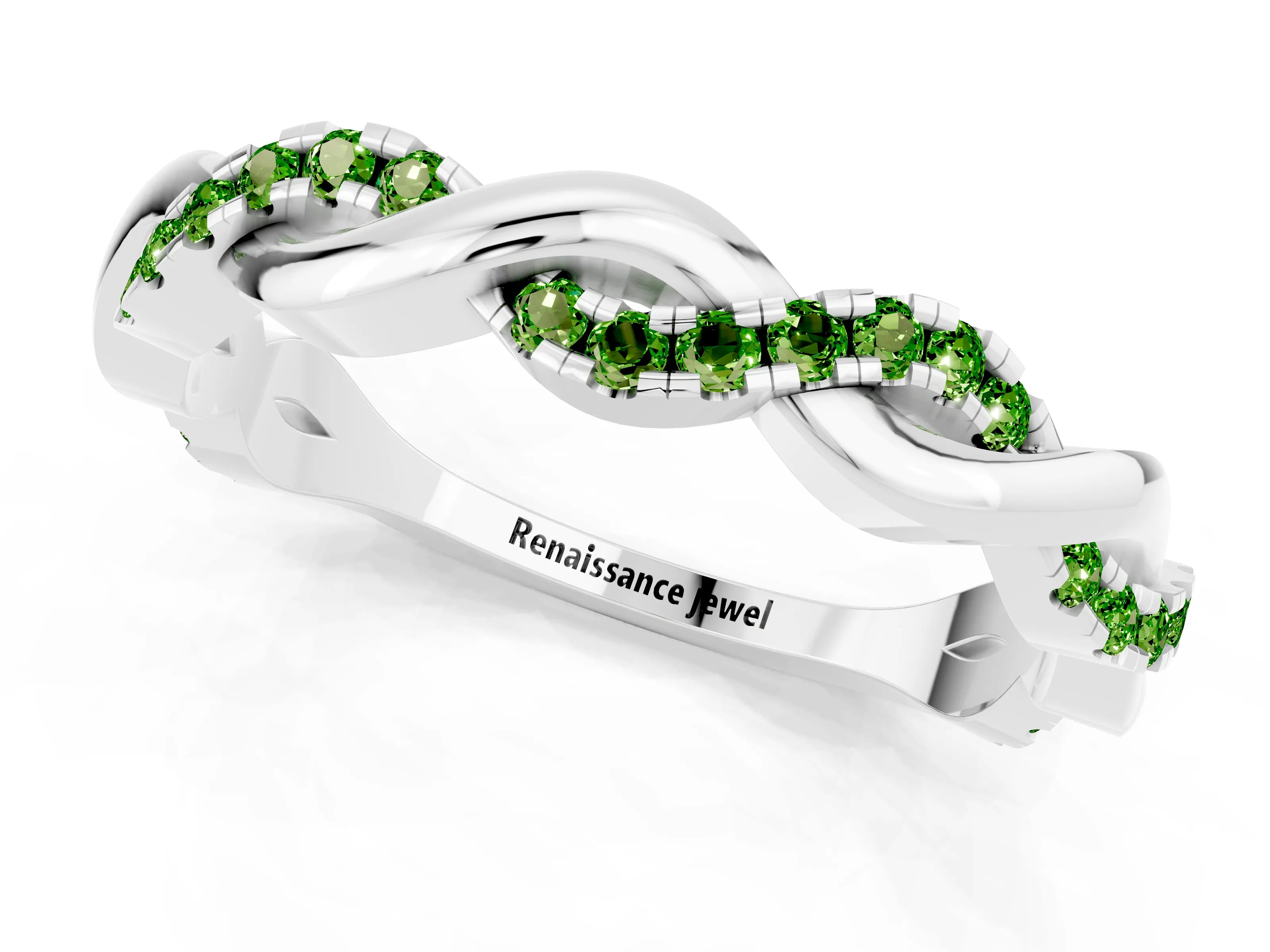 White gold Round Peridot Twist Eternity Band with Pavé Setting_7