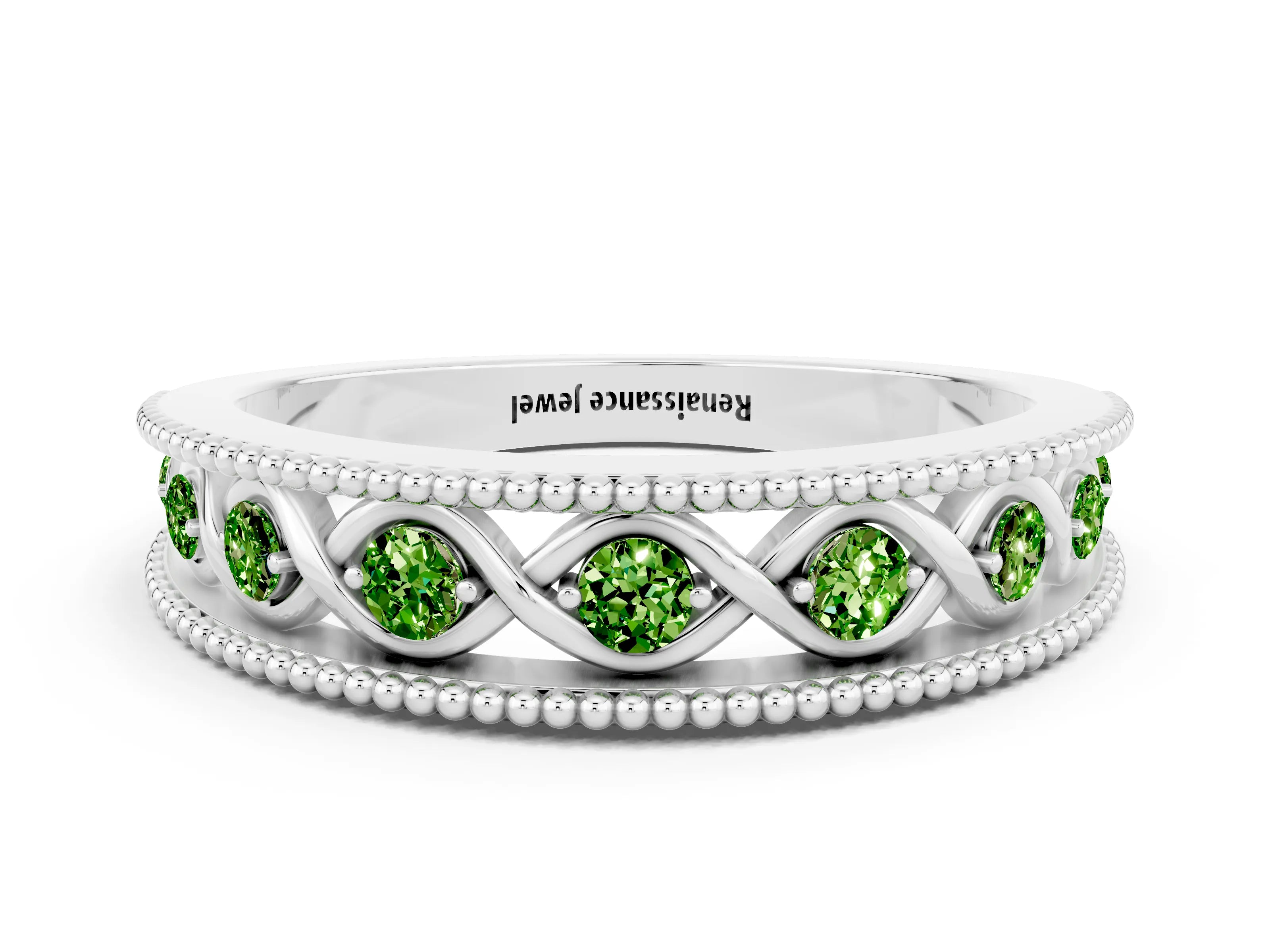 White gold Round Peridot Twist Milgrain Band with Bezel Setting