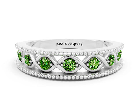 White gold Round Peridot Twist Milgrain Band with Bezel Setting