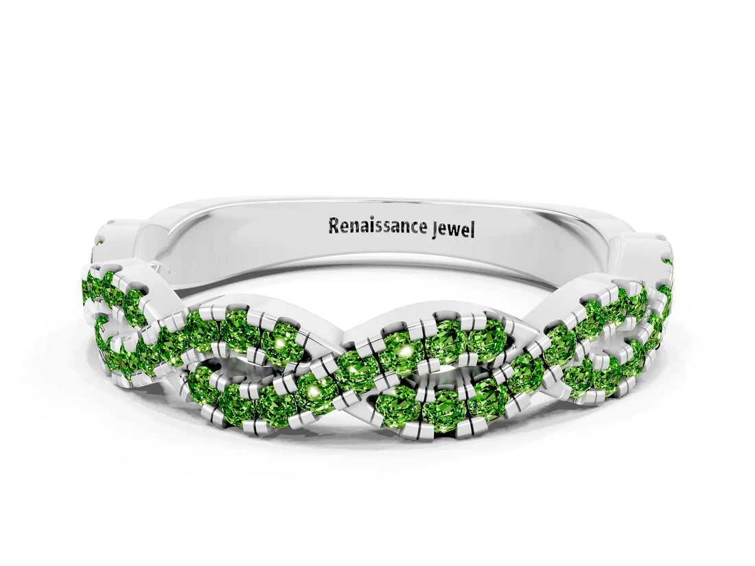 White gold Round Peridot Twisted Eternity Band with Pavé and Shared Prong Setting_18
