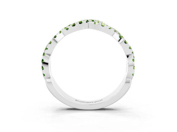 Silver Round Peridot Twisted Eternity Band with Pavé and Shared Prong Setting