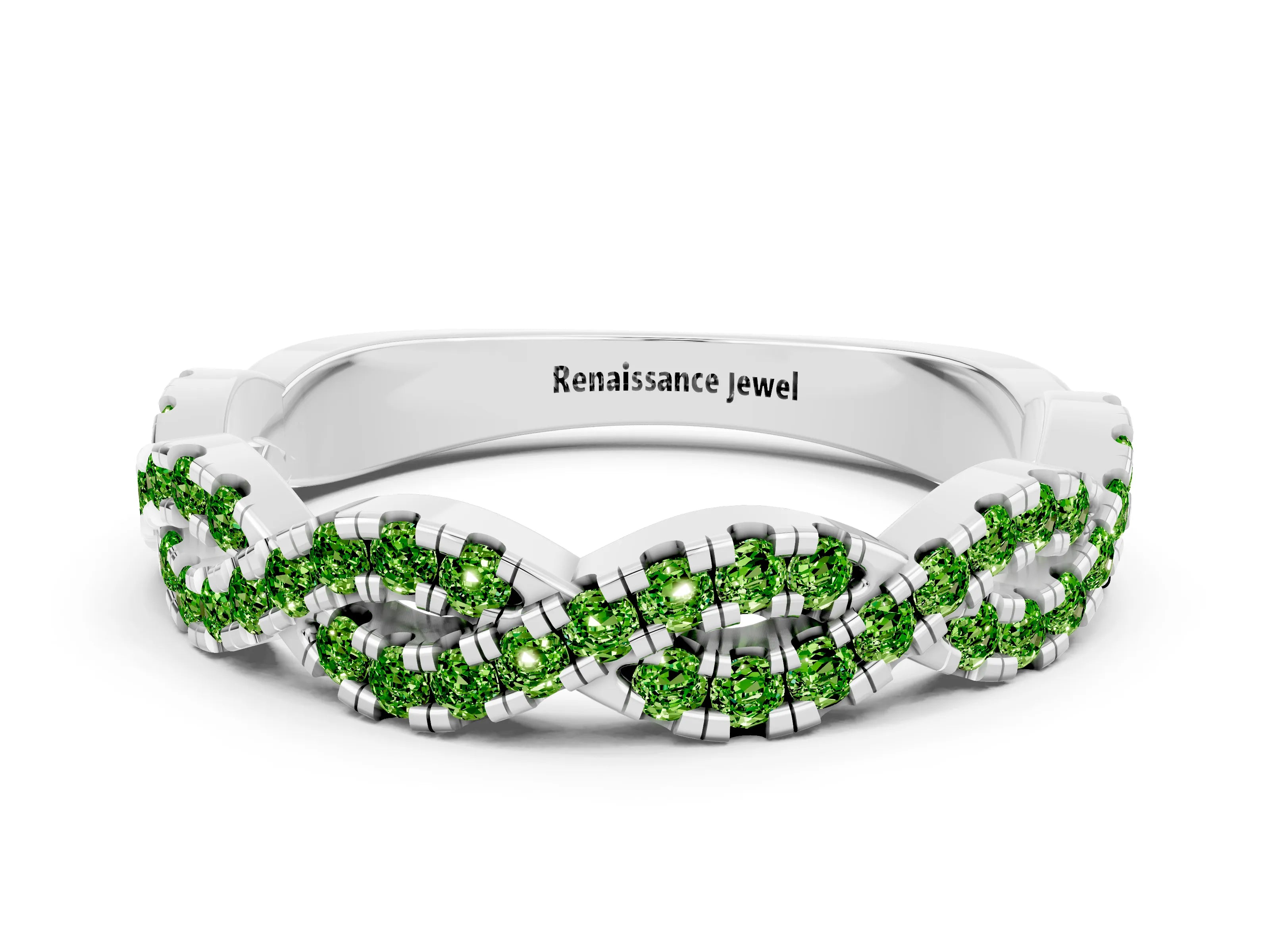 White gold Round Peridot Twisted Eternity Band with Pavé and Shared Prong Setting_6