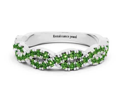 White gold Round Peridot Twisted Eternity Band with Pavé and Shared Prong Setting_6