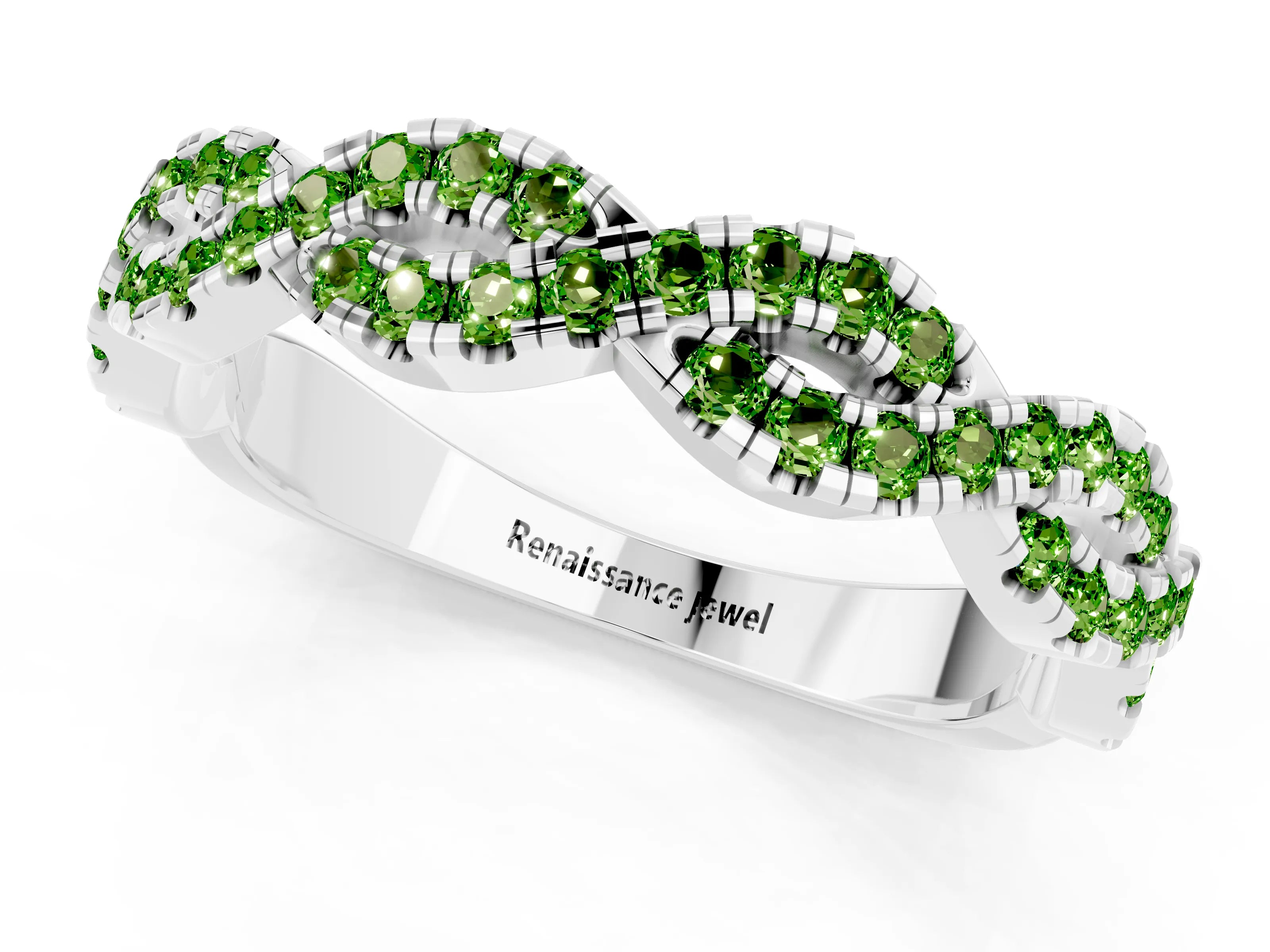White gold Round Peridot Twisted Eternity Band with Pavé and Shared Prong Setting_7