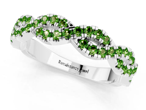 White gold Round Peridot Twisted Eternity Band with Pavé and Shared Prong Setting_7