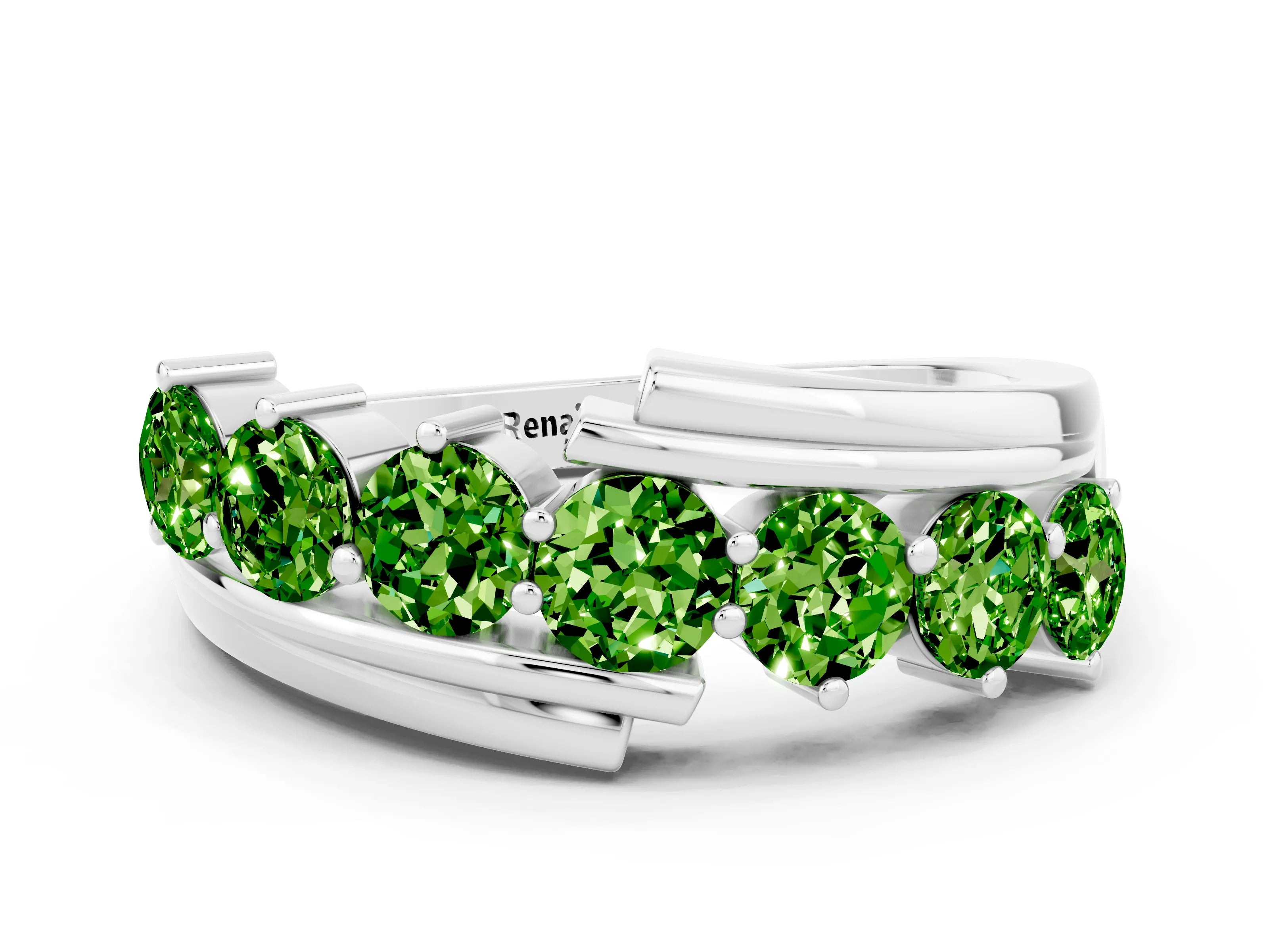White gold Round Peridot Wave Band with Channel and Shared Prong Setting_18