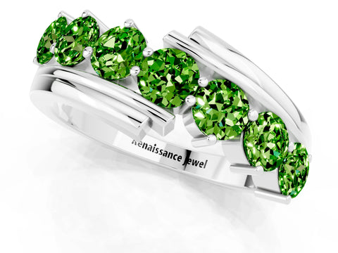 White gold Round Peridot Wave Band with Channel and Shared Prong Setting_19
