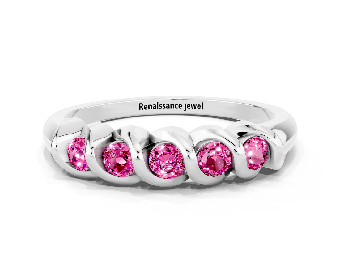 White gold Round Pink Sapphire Eternity Band with Twist Prong Setting_18