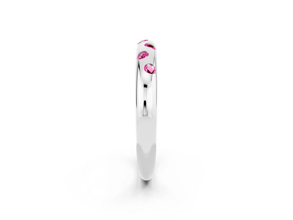 White Gold Round Lab-Grown Pink Sapphire Flush Set Domed Wedding Band with Staggered Stones