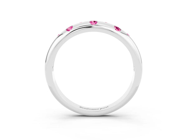 White Gold Round Lab-Grown Pink Sapphire Flush Set Domed Wedding Band with Staggered Stones
