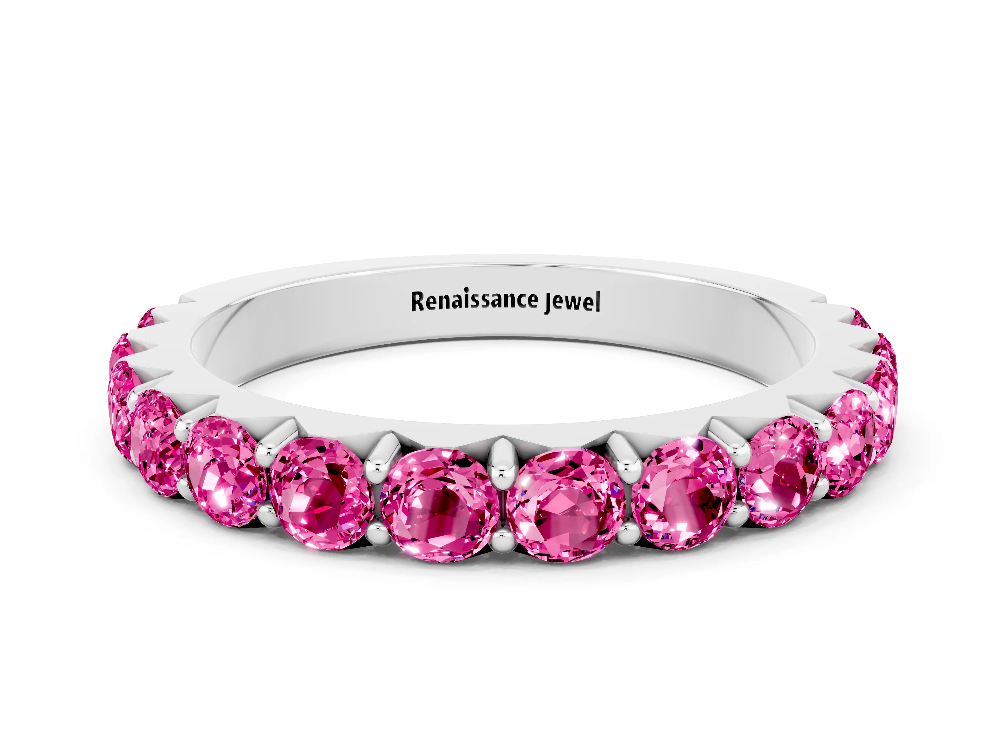 White gold Round Pink Sapphire Half Eternity Band with Classic Prong Setting_18