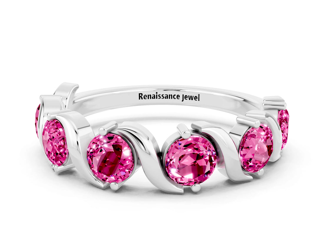 White gold Round Pink Sapphire Half Eternity Band with Wave Prong Setting_6