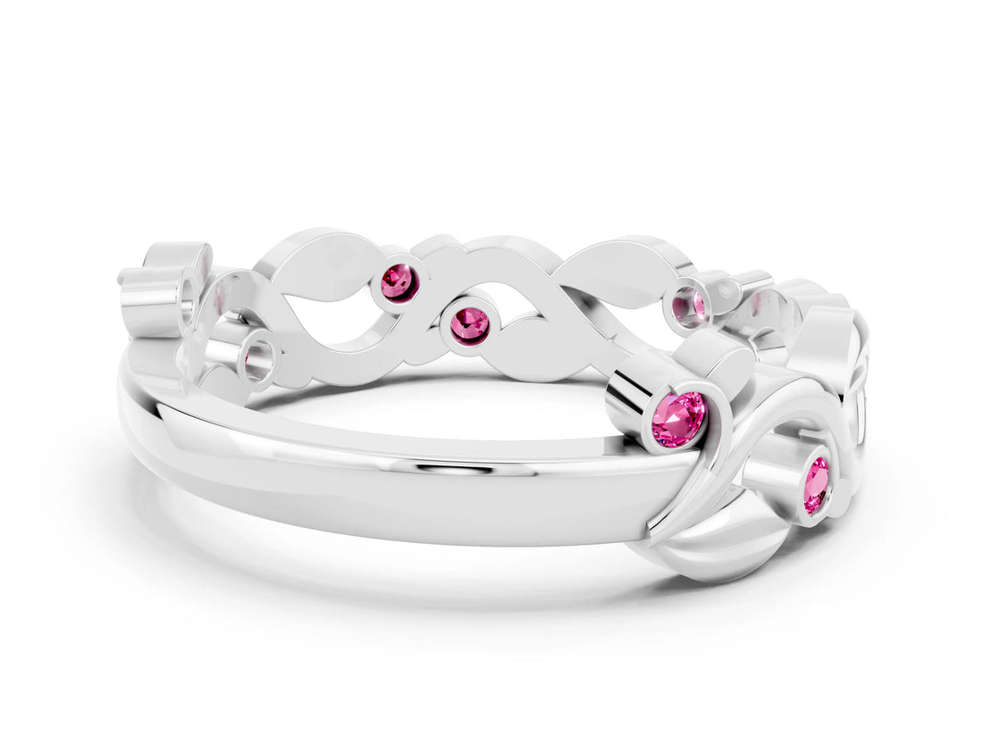 White gold Round Pink Sapphire Leaf Eternity Band with Bezel Setting_42