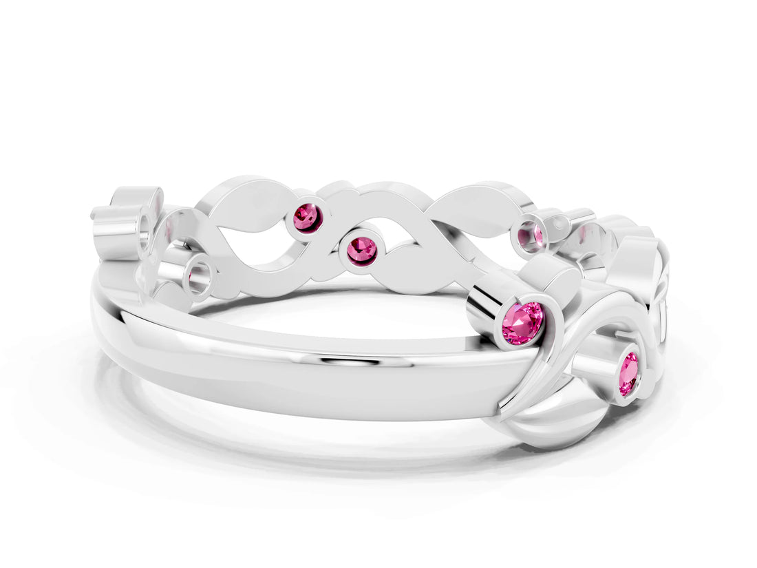 White gold Round Pink Sapphire Leaf Eternity Band with Bezel Setting_90