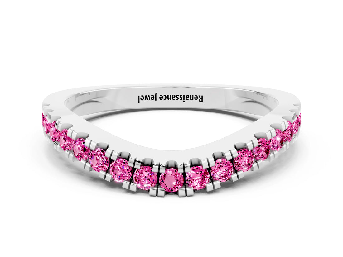 White gold Round Pink Sapphire Pavé Curved Band with Shared Prong Setting_18