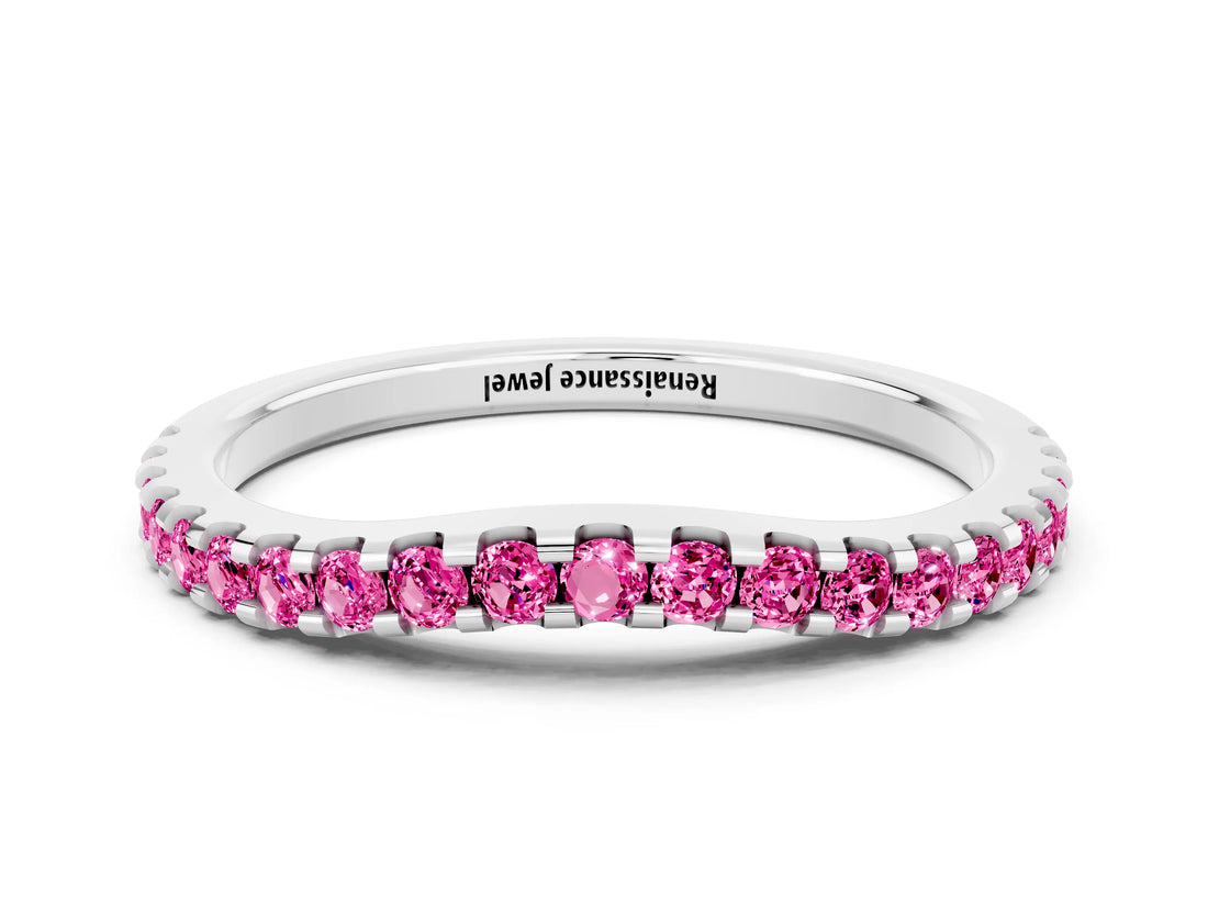 White gold Round Pink Sapphire Pavé Curved Wedding Band_22