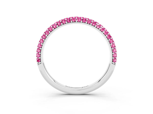 White gold Round Pink Sapphire Pavé Eternity Band with Shared Prong Setting