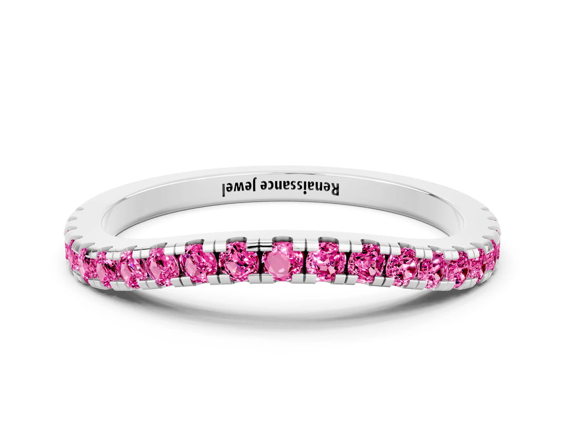 White gold Round Pink Sapphire Pavé Half Eternity Band with Shared Prong Setting_18